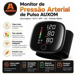 Aparelho de Pressão Digital de Pulso AUXOM Recarregável com APP Wi-Fi, Voz e Tela Colorida