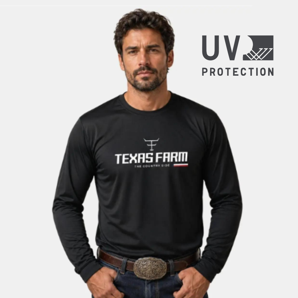 Camiseta Camisa Texas Farm Masculina Manga Agro Longa Country Blusa Proteção UV +50 T-shirt Rodeio