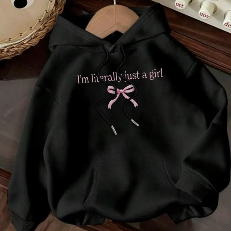Moletom feminino com capuz e estampa de letras - Moletom casual com cordão e bolso frontal, mangas compridas e punhos