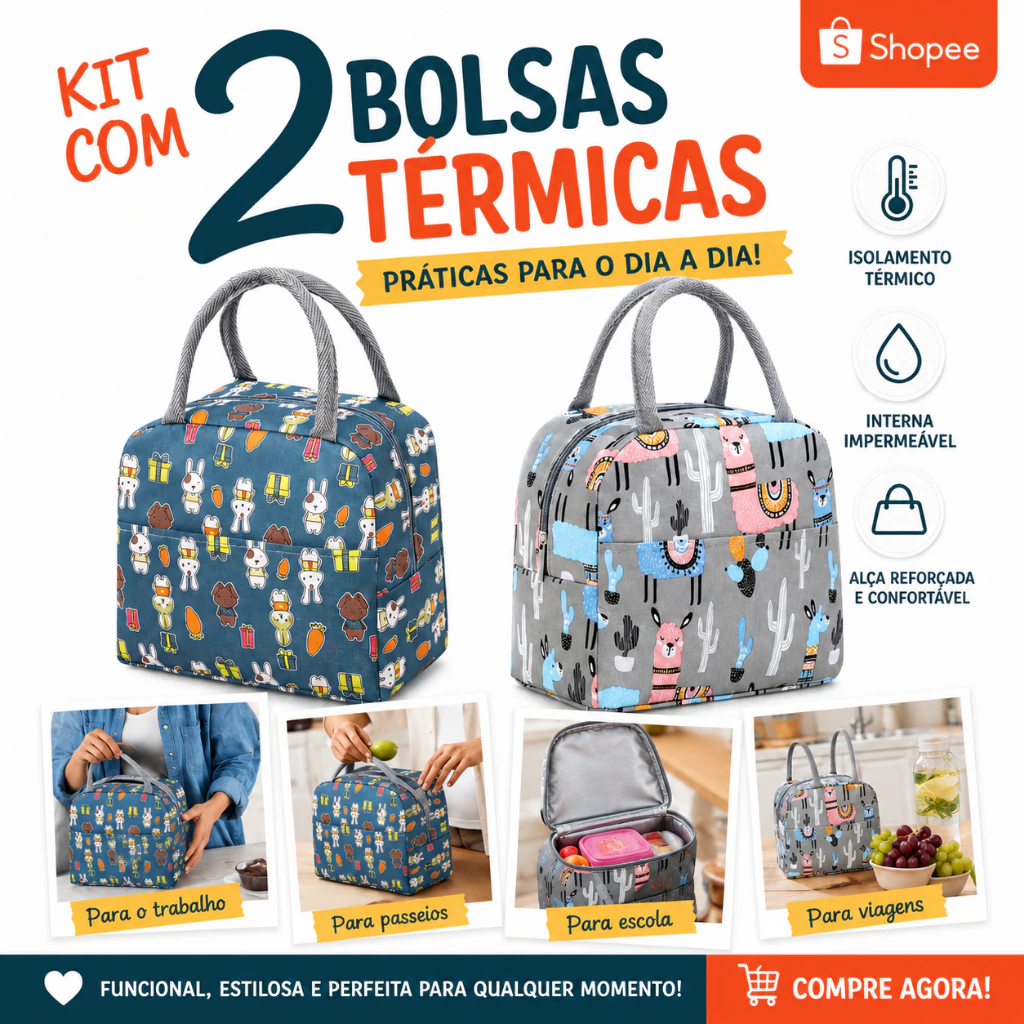 Kit com 2 bolsa térmica unissex estampada, para marmita, lanches, bebidas, bolsa impermeavel para piquenique,marmita