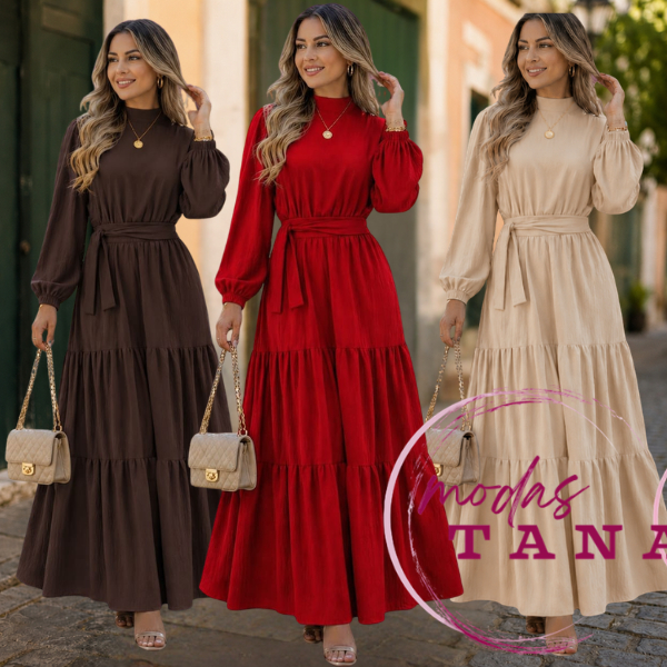 Vestido Longo Feminino Elegante Manga Longa Gola Alta com Faixa –  Solto com Babados e Punho com Elástico