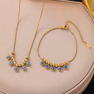 Conjunto Feminino Olho Grego Dourado Colar + Pulseira em Aço Inoxidável Ajustável Anti Mau-Olhado