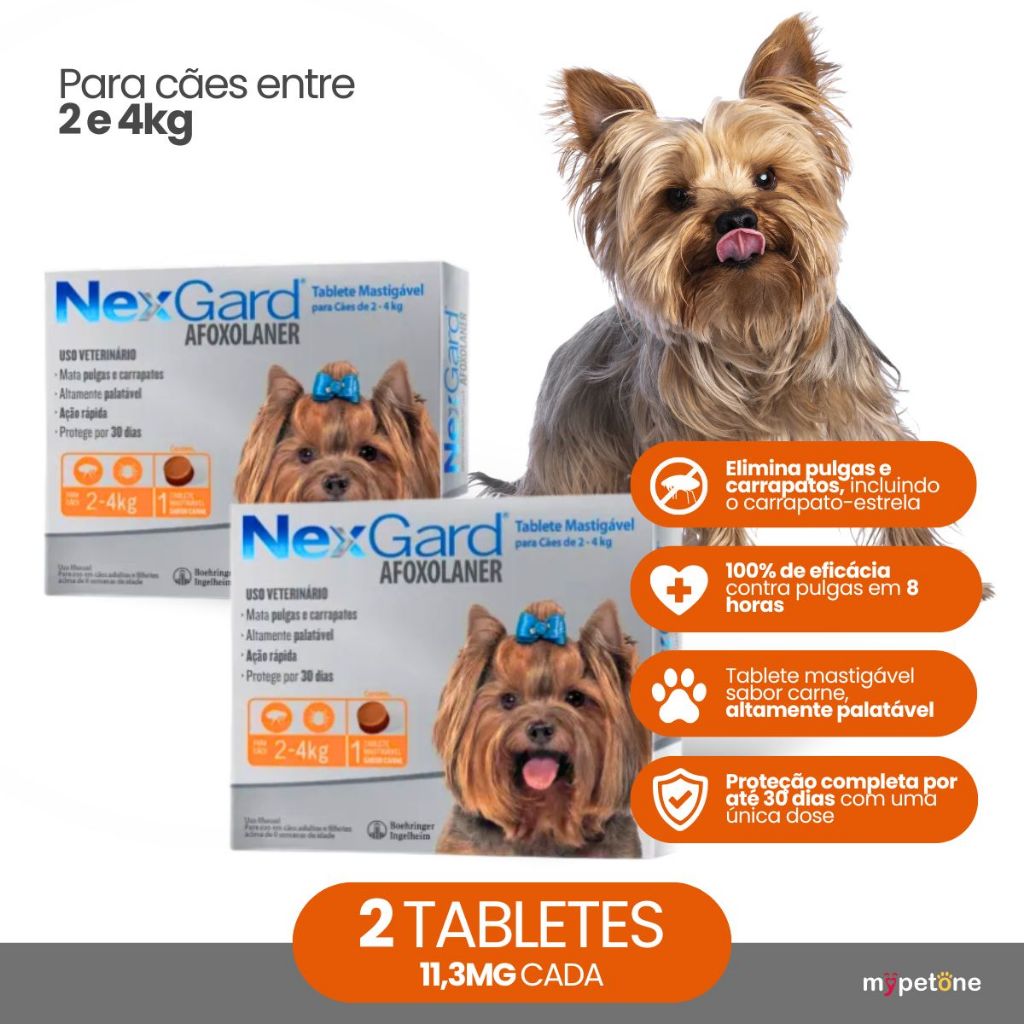 Kit 2 Antipulgas e Carrapatos NexGard 11,3 mg para Cães de 2 a 4 Kg - 1 Tablete