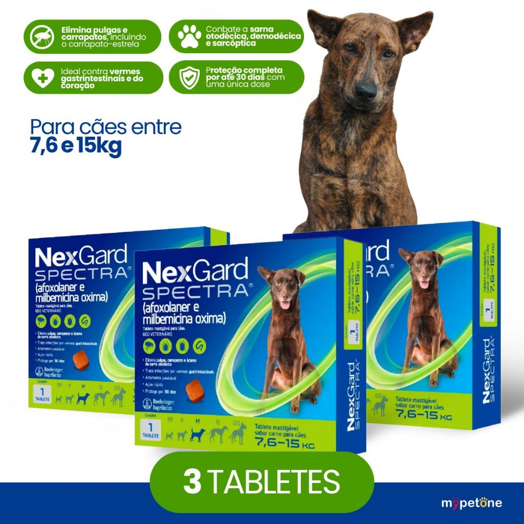 Kit 3 Antipulgas, Carrapatos e Vermifugo NexGard Spectra para Cães de 7,6 a 15 Kg - 1 Tablete