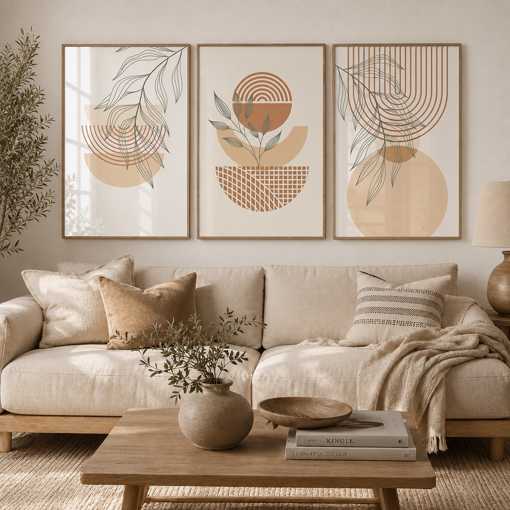 Quadro Decorativo Boho Abstrato Geométrico Botânico 3 Telas Com Moldura Decoração