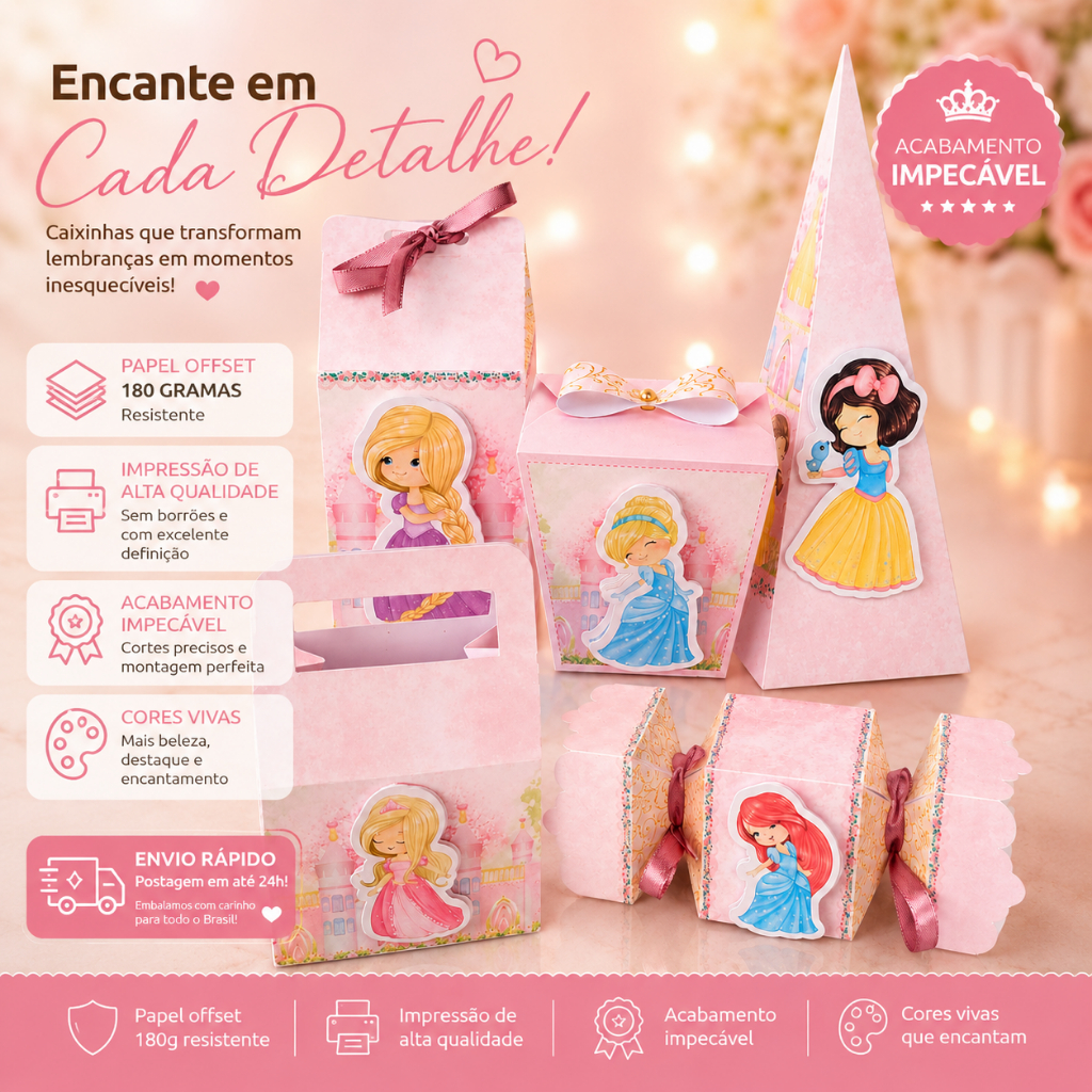 Kit Festa Princesas Baby 25 CAIXAS DESMONTADAS Festa de Aniversário Infantil Lembrancinha Personalizada PEGUE E MONTE