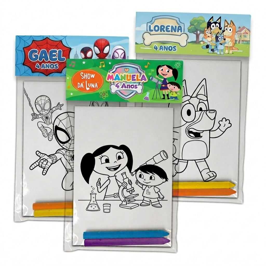 Kit Colorir Personalizado Lembrancinha de Aniversário Infantil com 2 Giz de Cera - Vários Temas