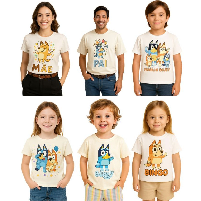 Camiseta Infantil Família Cachorrinho Blue Aniversário Blusa Desenho Promoção Monte Seu Kit