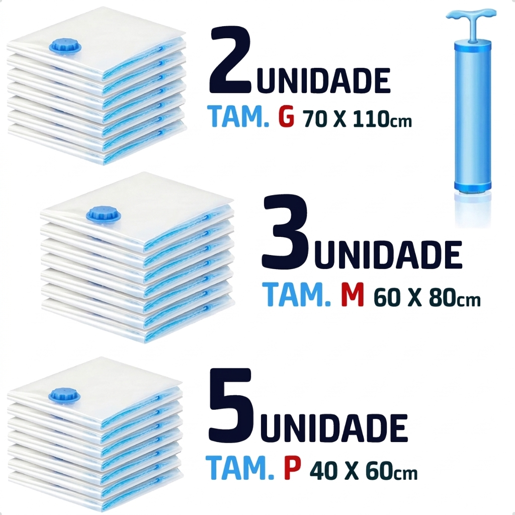 Kit 5 ou 10 Saco À Vácuo Organizador + Bomba Manual Organização de Guarda Roupa Viagem Reutilizável