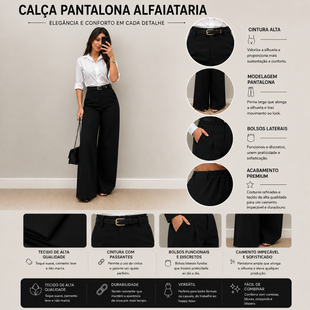 Calça Pantalona Feminina Cintura alta Tecido Confortavel Elegante Para todas as Ocasiones