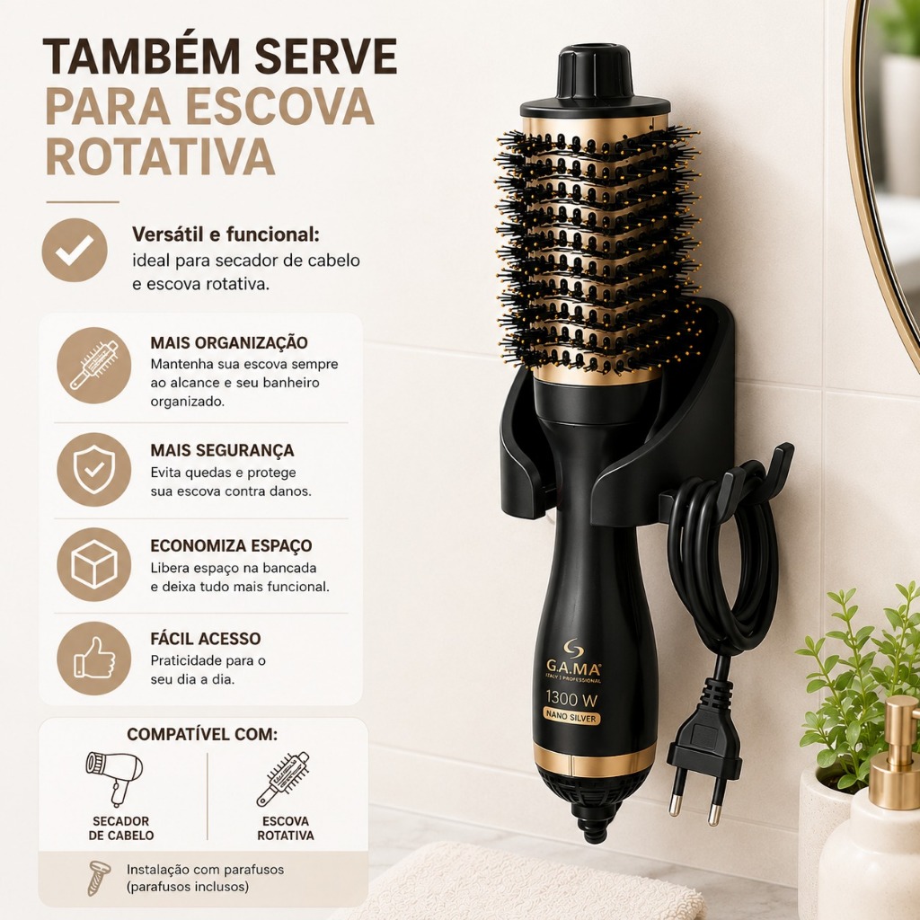 Suporte de Parede para Secador de Cabelo e Escova Rotativa Organizador Banheiro Salão de Beleza com Parafusos