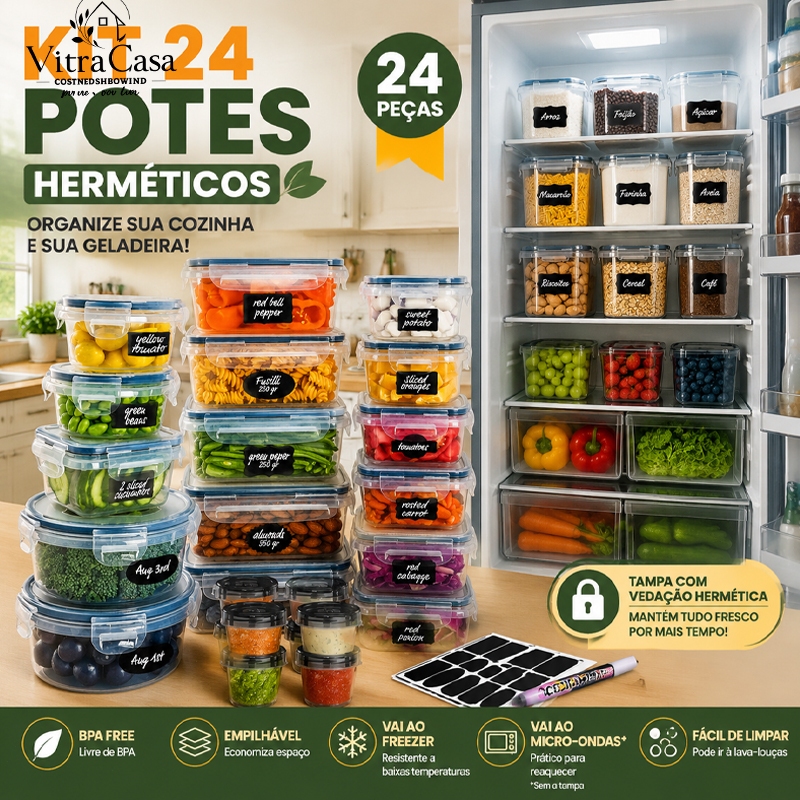 Kit48/24 Potes Herméticos Organizadores Com Tampa Para Alimentos, Cozinha E Geladeira, Livre De BPA