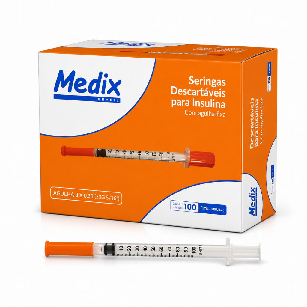 Seringa Insulina 1ml com Agulha Fixa 8x0,30 30G - 100 unidades