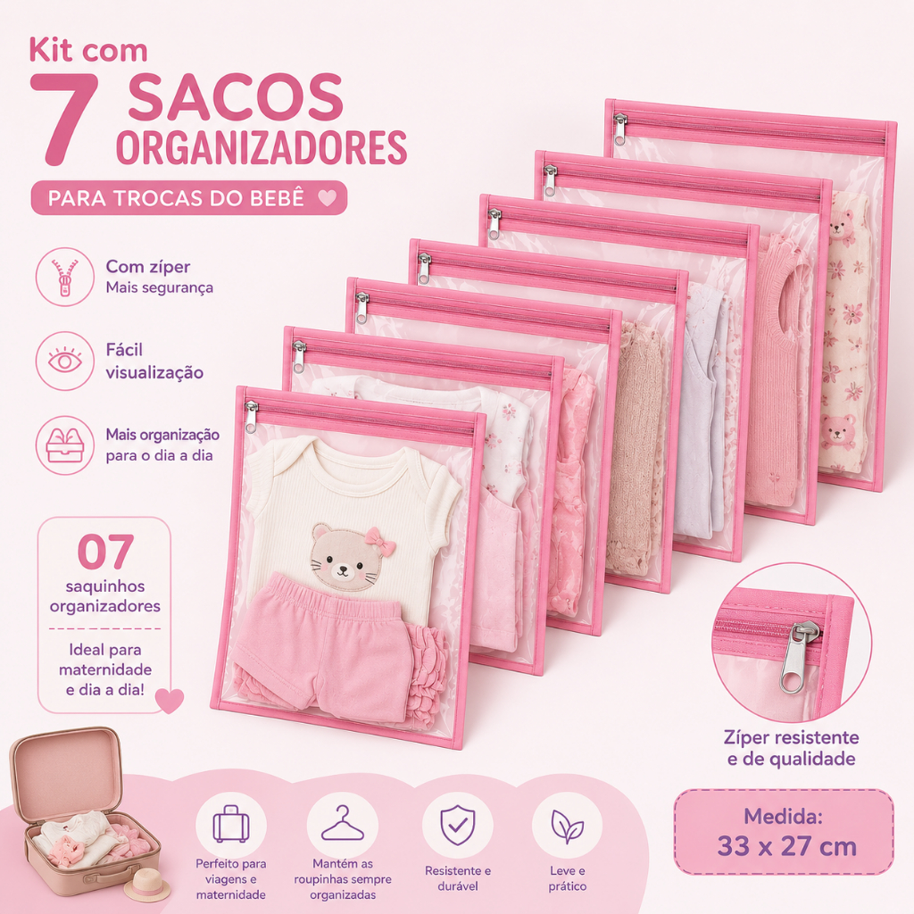 Imagem Kit 7 Saquinhos Maternidade Organizador Mala Bebê 27 x 33 MALA/VIAGEM/ROUPA MOLHADA e SECA