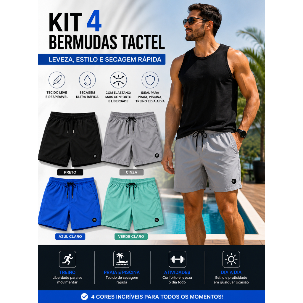 Kit 4 Bermudas Masculinas Tactel com Elastano Premium Praia Piscina Academia Corrida Casual Secagem Rápida