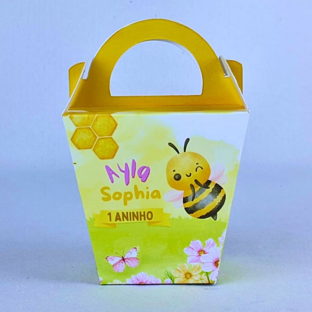 Kit 10 a 80 Caixinhas Sushi Com Alça Abelhinha Aquarela Personalizada Para Lembrancinha Infantil de Festa Aniversario