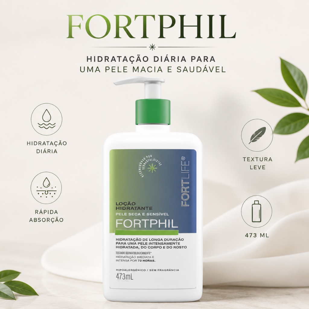 Loção Hidratante Corporal Pele Seca e Ressecada Uso Diário Rápida Absorção FortPhil FortLife 473ml sem Perfume