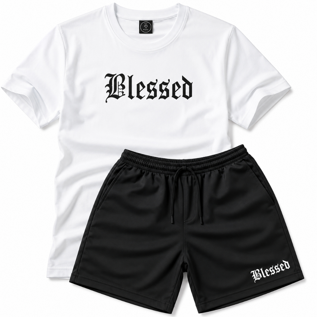 Conjunto Masculino Blessed Camiseta e Bermuda .Algodão Moda Streetwear Kit Verão Casual Confortável