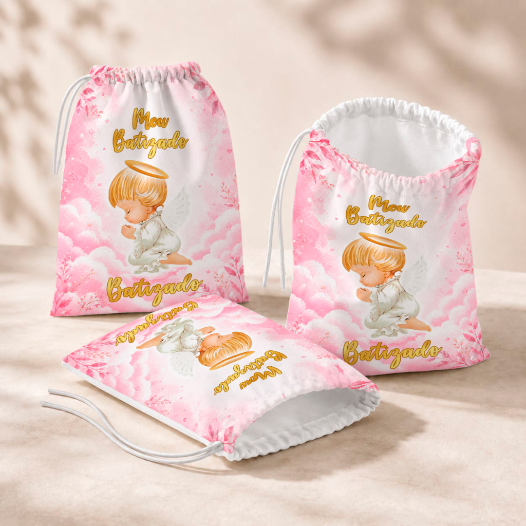 20 Sacolinhas Personalizada Festa Infantil 18x26 Aniversário Lembrancinha Batizado Anjinho Aquarela Rosa e Azul