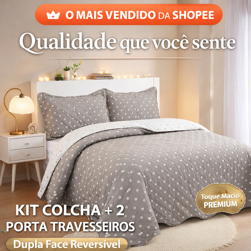 Kit Colcha Cobre Leito Casal Queen King Dupla Face Poá Matelada + 2 Porta Travesseiros Macia Premium