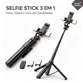 Bastão Selfie Tripé de 130cm, Suporte Celular com Luz LED Dupla Removível e Controle Bluetooth para Gravação Vídeos