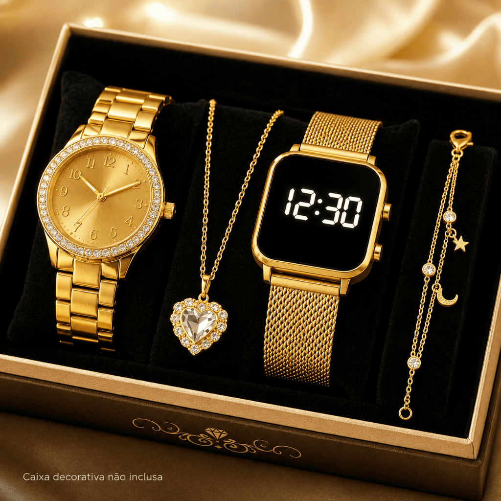 Conjunto Feminino 4 Peças Relógio Aço + Colar Coração Dourado + Relogio Led + Pulseira Prata