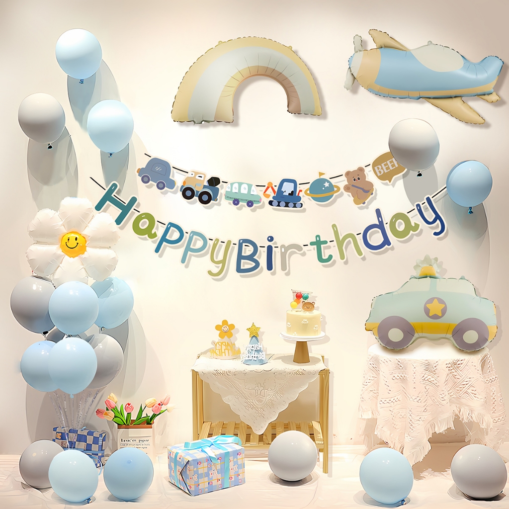 Kit 28 Peças Decoração Aniversário 1 Ano Menino Balões Azul Pastel com Carro Avião Festa Infantil