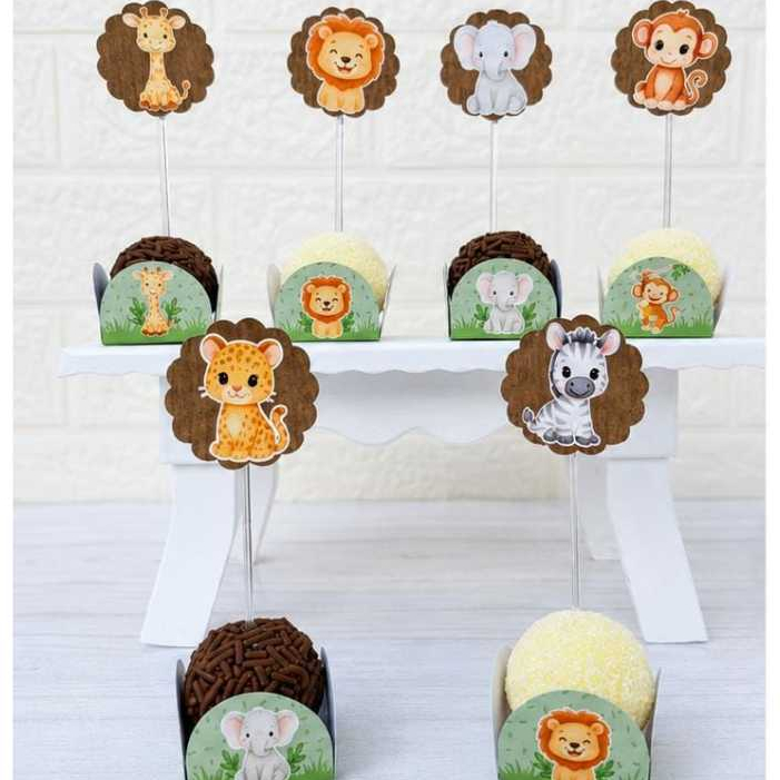 kit topo de docinhos + forminhas doces topper brigadeiro infantil festa safari - leia a descricao tags personalizadas