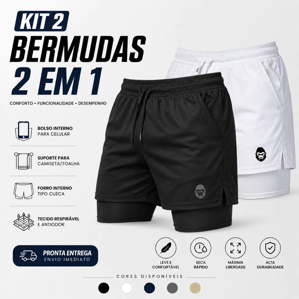 Kit 2 Shorts Masculino Kong 2 em 1 com Compressão, Bolso para Celular e Tecido Dry Fit — imagem 1