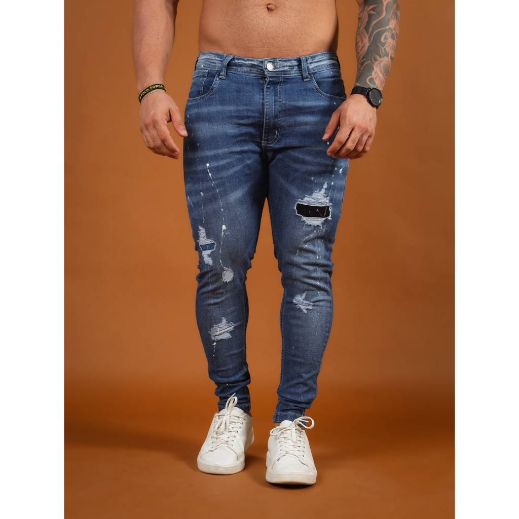 Calça Jeans Masculina Destroyed Super Skinny com Lycra Elastano Premium