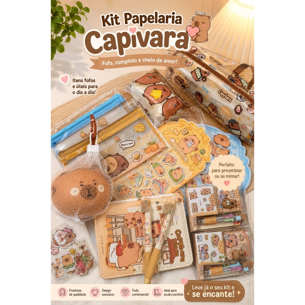 Kit Papelaria Fofa Capivara – Completo | Agenda, Canetas, Estojo e Brindes | 3 Marias Papelaria