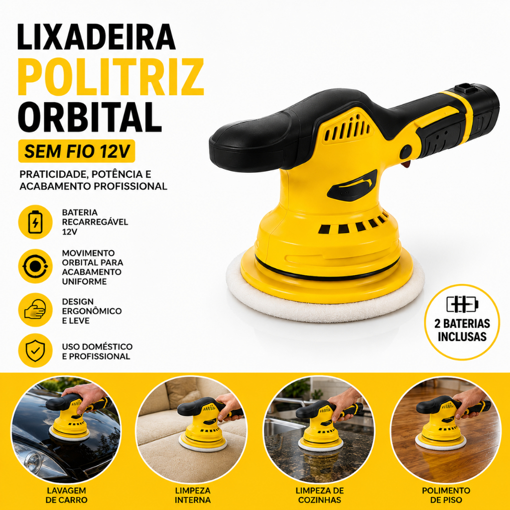 Lixadeira Politriz Orbital 12V Sem Fio  para Polimento Automotivo, Limpeza  Acabamento BOM9711