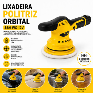 Lixadeira Politriz Orbital 12V Sem Fio  para Polimento Automotivo, Limpeza  Acabamento BOM9711