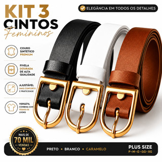 Kit 3 Cinto Feminino fino - Couro Sintético Elegante Fivela Dourada Ajustável Plus Size -…