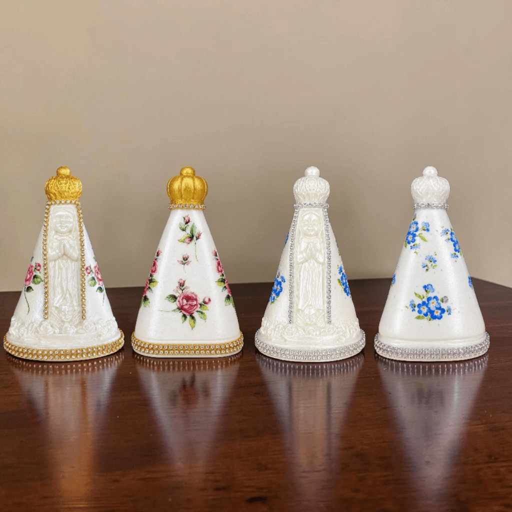 Imagem Nossa Senhora Aparecida Baby 14 cm Decoupage Gesso Branco Perolado Floral com Strass