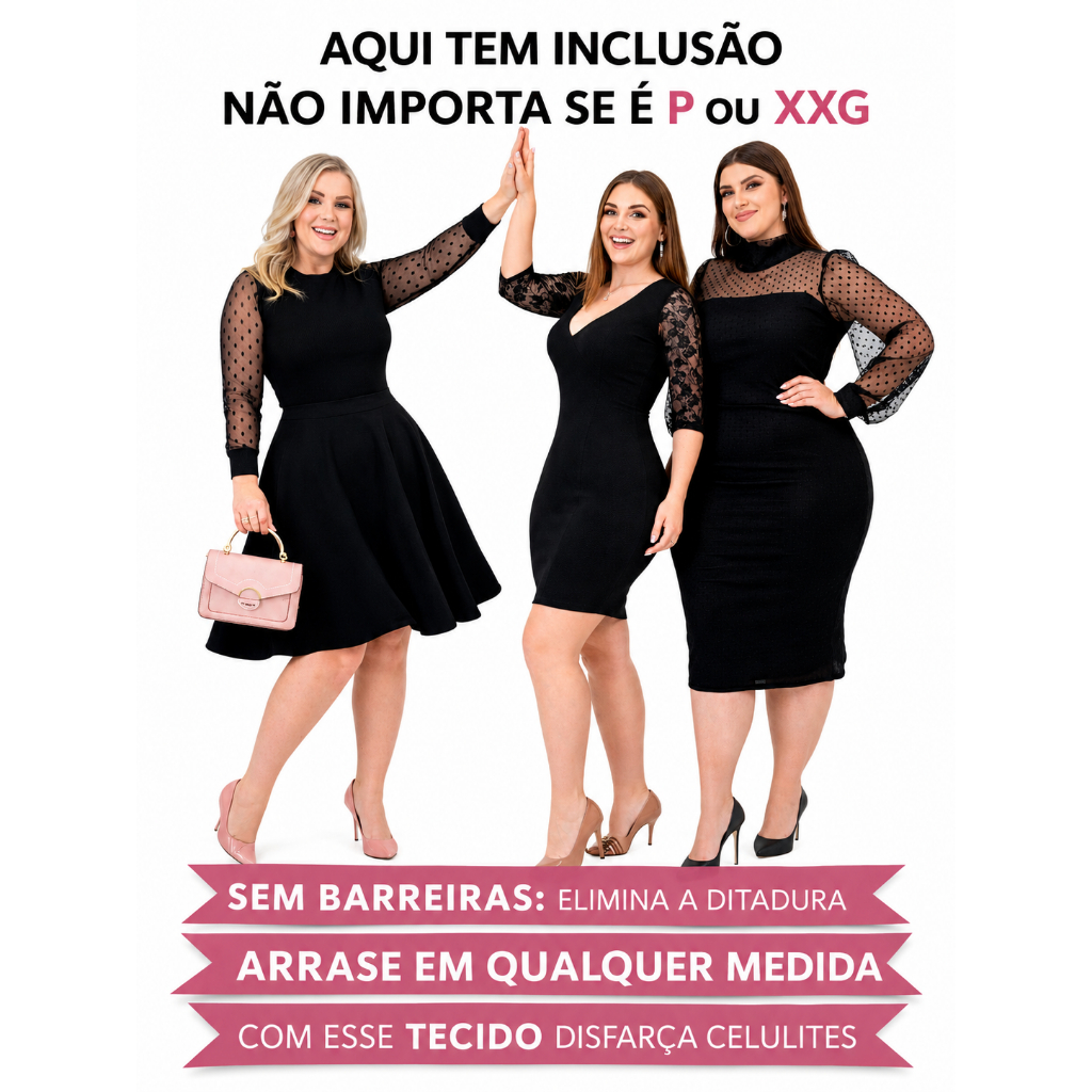 Vestidos Plus Size Moda Evagélica Social Modesta Preto Renda Rodado Evasê Tubinho Renda ou Tule Bolinhas Poá Gola Alta
