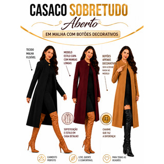 CASACO SOBRE TUDO FEMININO PRETO CASAQUINHO ABERTO SOBRETUDO PLUS SIZE BLASER COMPRIDO SOCIAL ESTILO PONCHO LONGO