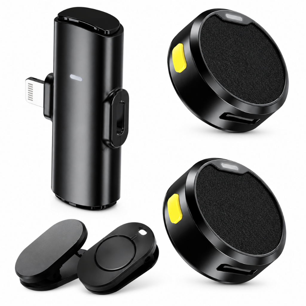 Microfone Lapela Redondo Imã Sem Fio Preto Duplo Anti Ruído Cor Preto - Lightning IPhone 8 ao 14
