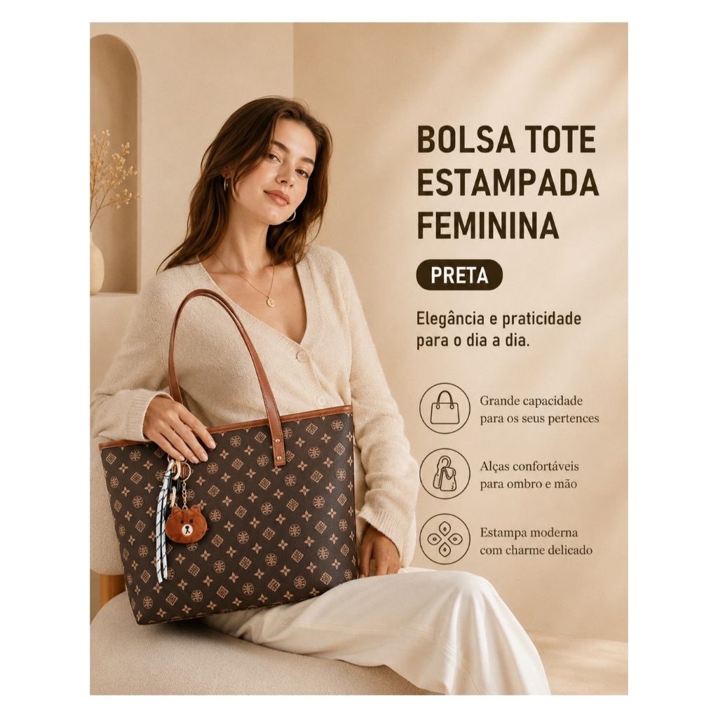 TOMI MITO Bolsa Feminina Casual de Ombro com Estampa Geométrica e Pingente Charmoso para Trabalho e Passeios TM9187