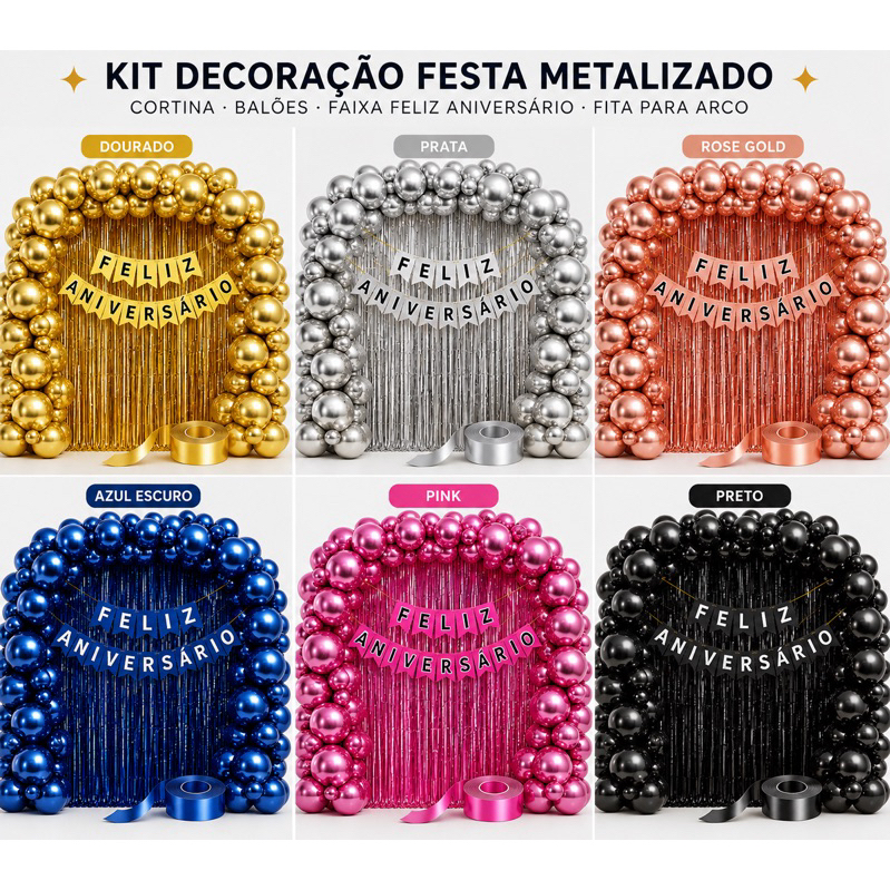 Kit decoração festa com cortinas, balões, faixa feliz aniversário e fita para arco