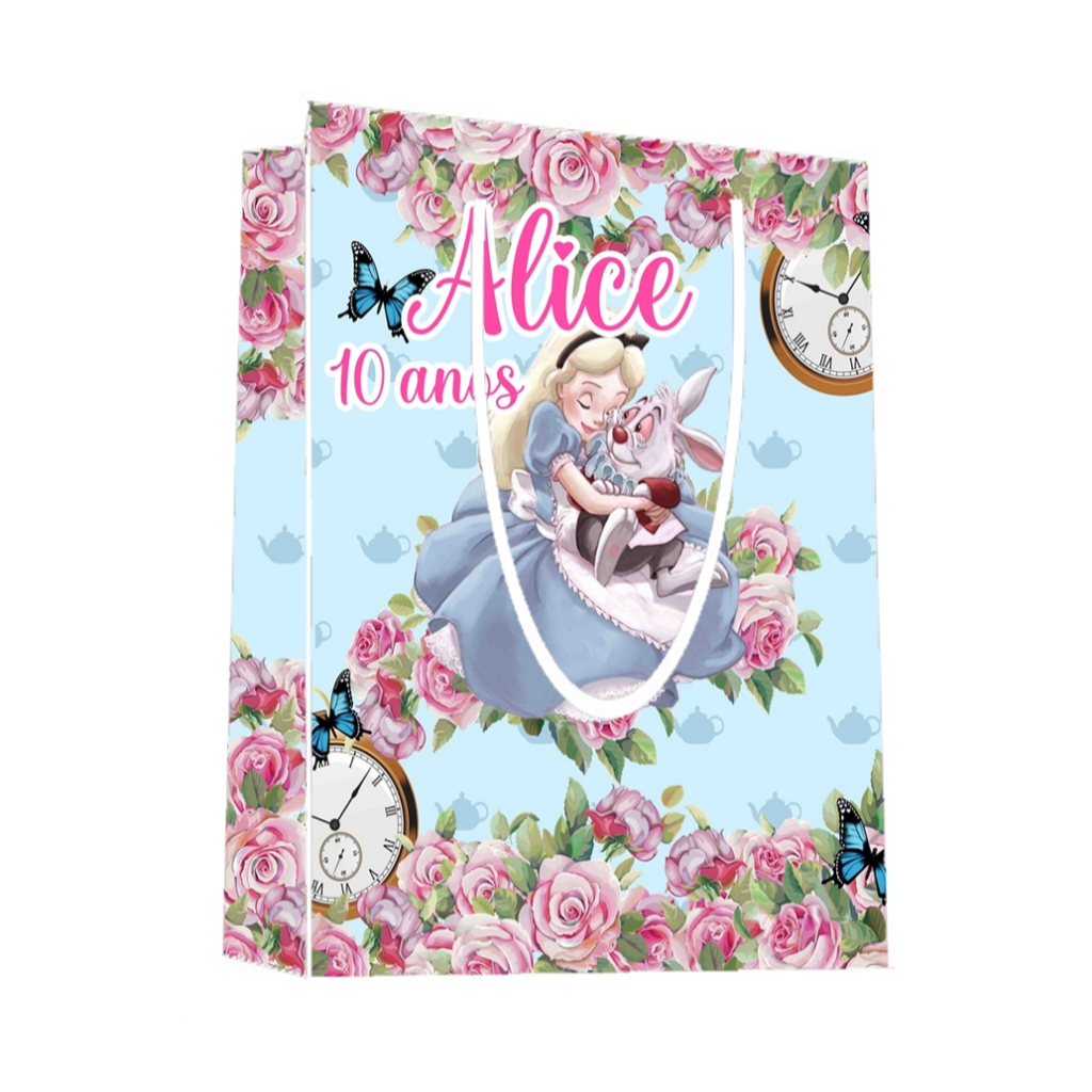 Sacolinha Alice no Pais das Maravilhas Personalizada p/ Aniversário/ Lembrancinha Festa Infantil / Qualquer nome e idade