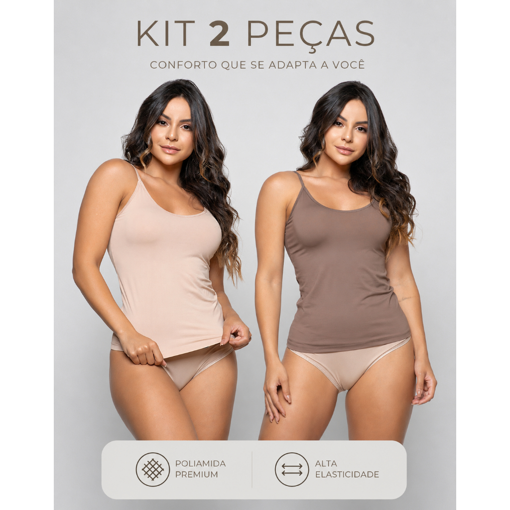 Kit 2 Regatas Femininas Microfibra Poliamida Alça Fina Alcinha Básica Blusinha Confortável Neutra Dia a Dia Promoção