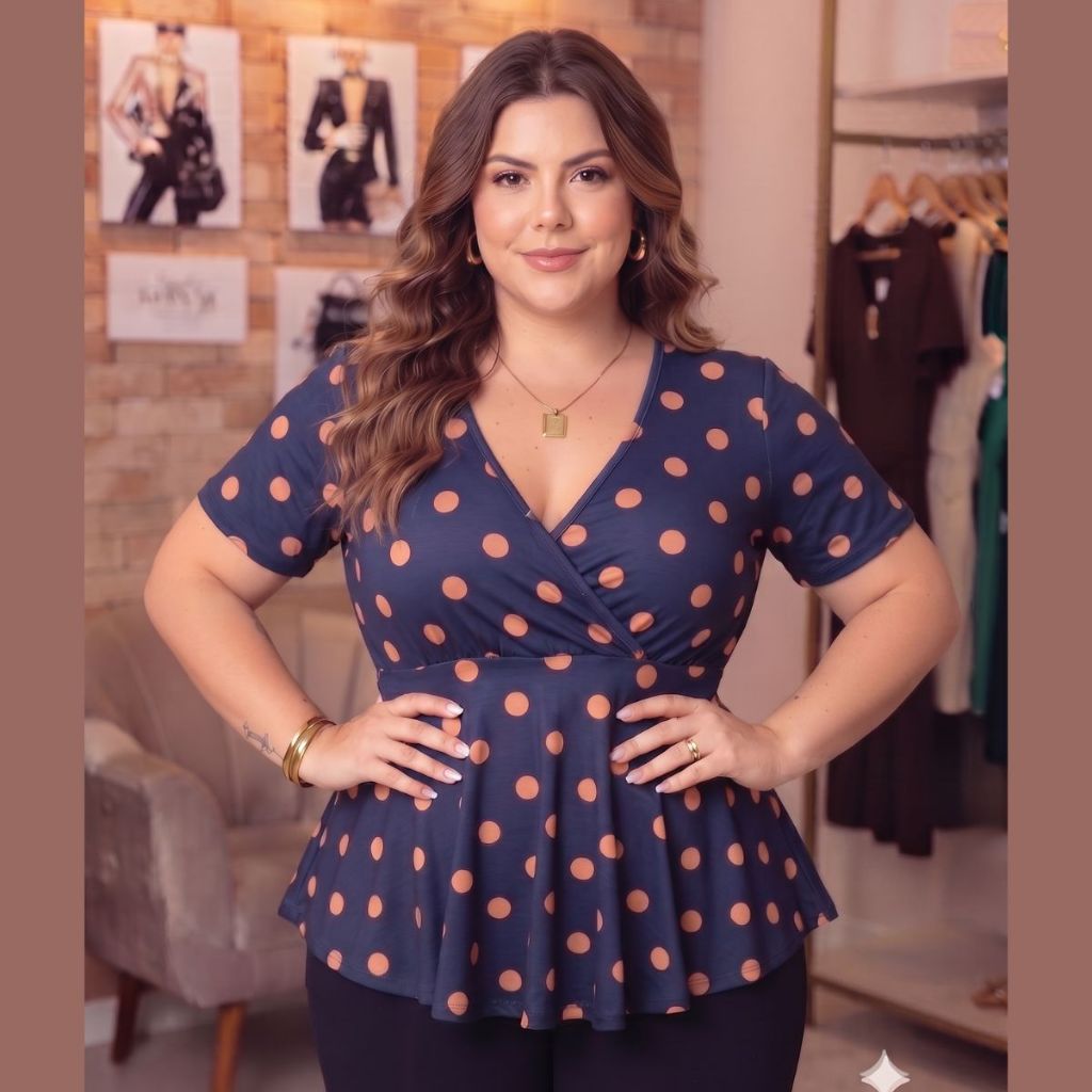 Blusa Bata Decote V Feminina Plus Size Poa