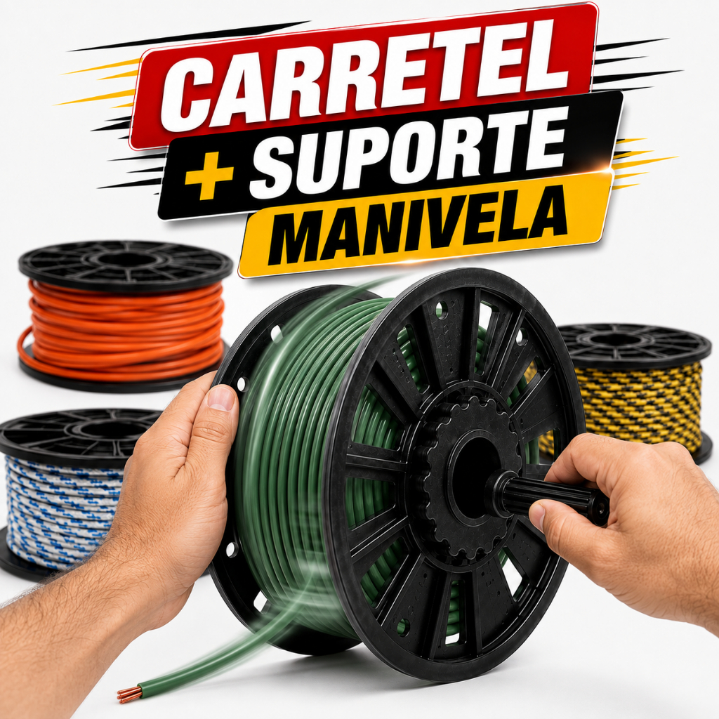 Kit Carretel Bobina Grande 20cm + Suporte Manivela Organizador Enrolar Fio, Corda, Linha, Fita, Cabo, Extensão e Arames