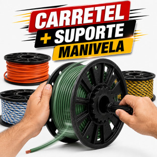 Kit Carretel Bobina Grande 20cm + Suporte Manivela Organizador Enrolar Fio, Corda, Linha, Fita, Cabo, Extensão e Arames