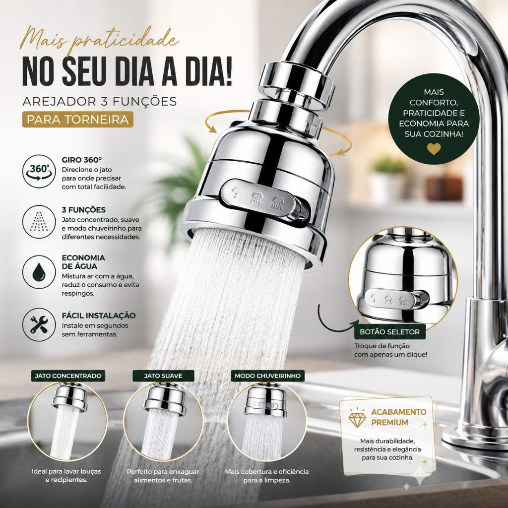 Arejador para Torneira 3 Funções 360° Economizador de Água