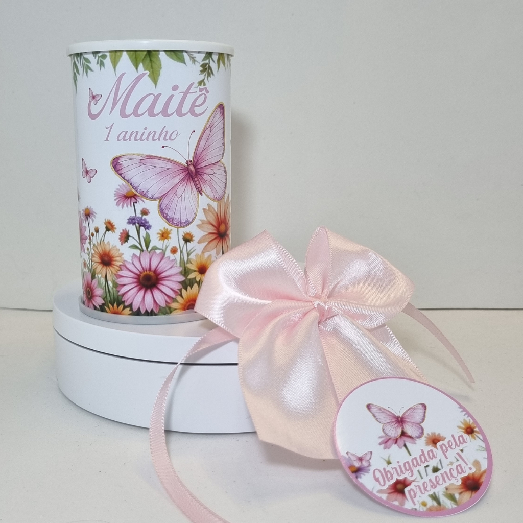 Cofrinho Personalizado Jardim encantado das borboletas embalado com laço de cetim e tag - Lembrancinha de aniversário