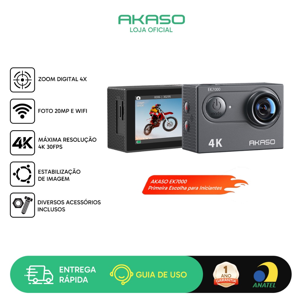 Câmera Ação AKASO EK7000 4K30FPS 20MP Ultra HD WiFi EIS Remote 4X Zoom