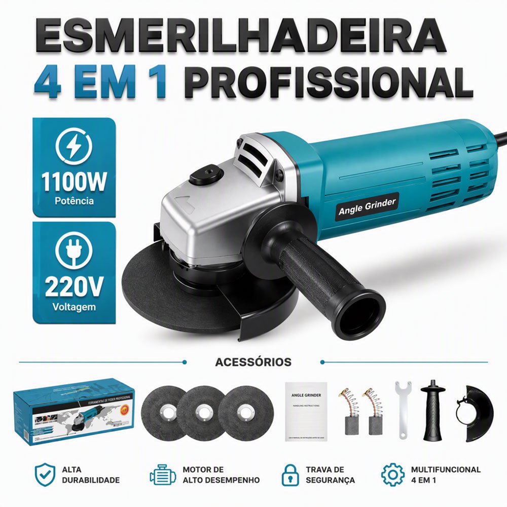 Esmerilhadeira Angular Elétrica 110-127V/220V 1100W 115mm Profissional para Corte Lixamento e Acabamento em Metal