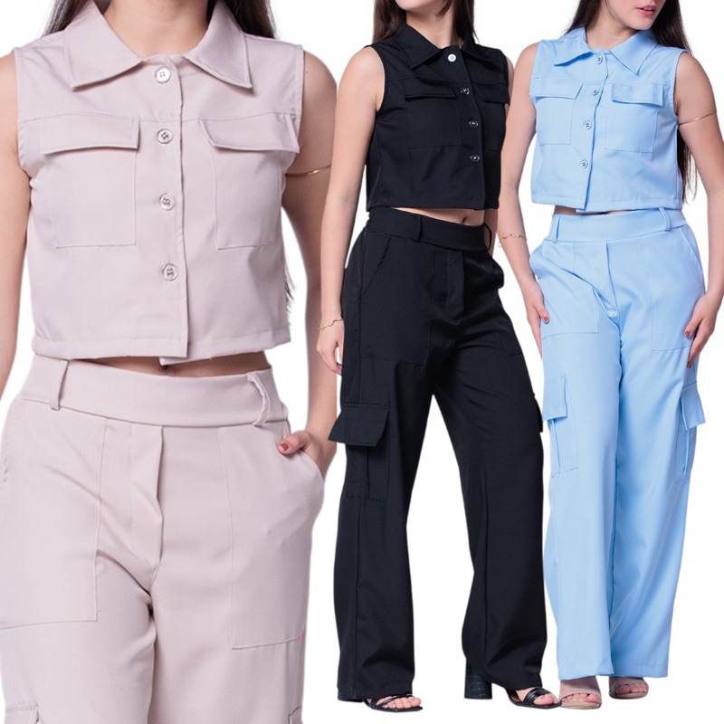 Conjunto Cargo Feminino Juvenil Estiloso Cropped Sem Manga Bolsos e Calça Pantalona Look Premium Tam 12/14/16